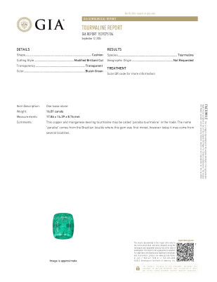 Certificate Tourmaline verte néon de Paraíba taille coussin 16,01 carats, Brésil