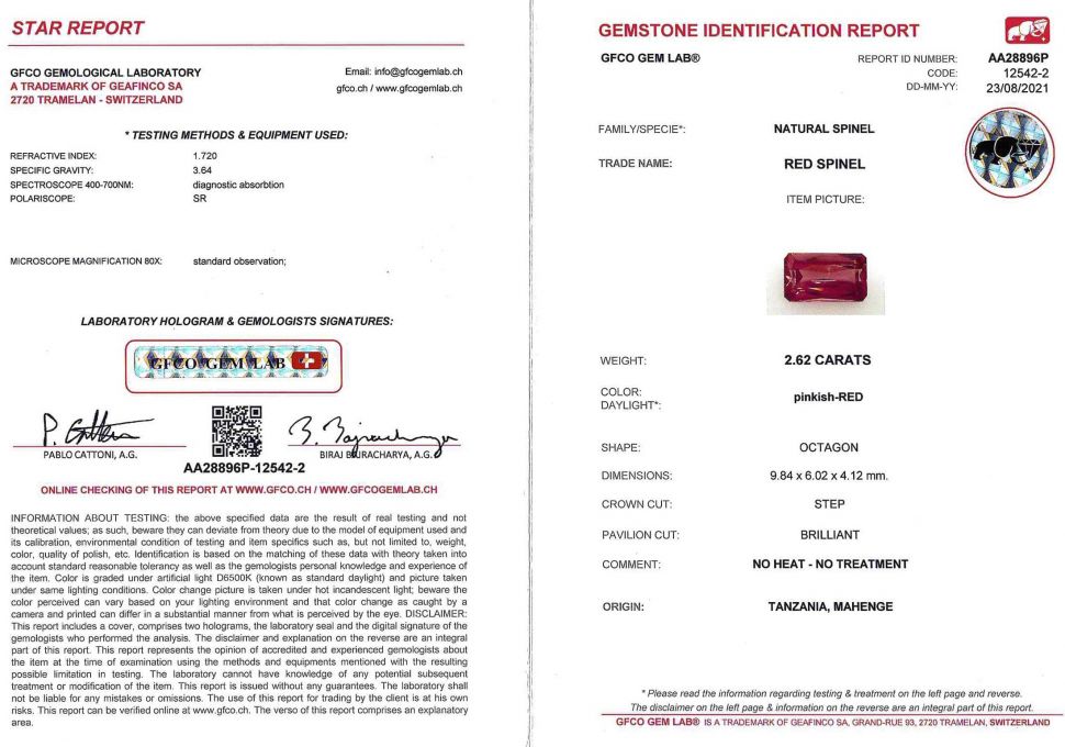Certificate Spinel Mahenge, octagon cut 2.62 ct, GFCO