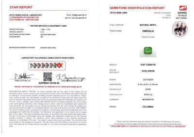 Certificate Intense emerald asscher cut 0.87 ct, Colombia