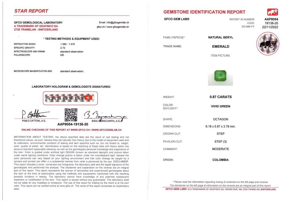 Certificate Bright Asscher emerald 0.87 ct, Colombia