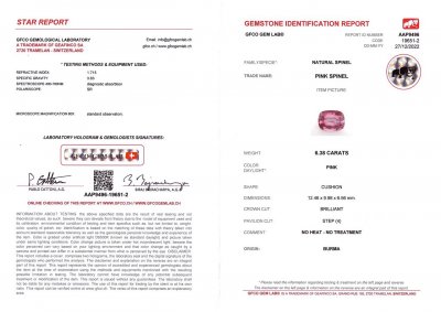 Certificate Spinelle violet 6,38 ct