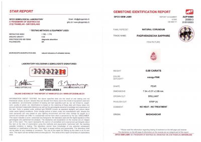 Certificate Unheated Padparadscha pear shape sapphire 0.89 ct, Madagascar