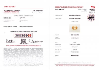 Certificate Saphir jaune taille ovale 2,25 carats, Madagascar