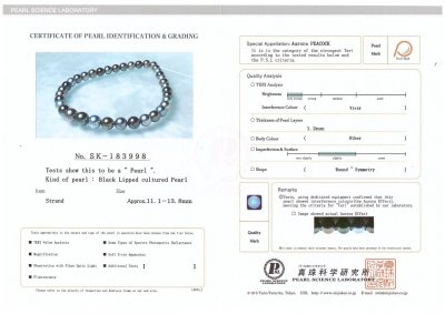 Certificate  Lot de deux rangs de perles des mers du Sud 11-13,8 mm, Tahiti