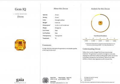 Certificate Octagon cut yellow zircon 9.91ct, Madagascar 