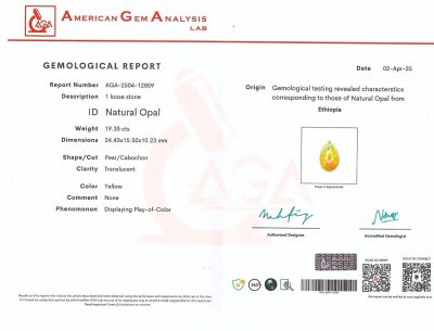 Certificate Gran ópalo negro talla cabujón de 19,35 quilates, Etiopía