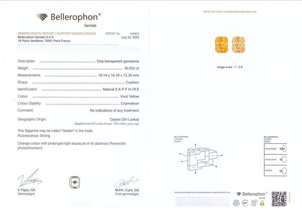 Zafiro amarillo dorado de talla cojín sin calentar, 30,50 quilates, Sri Lanka. Image №5