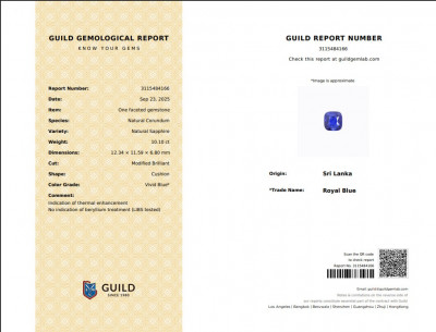 Certificate Large sapphire Royal Blue cushion cut 10.10 carats, Sri Lanka