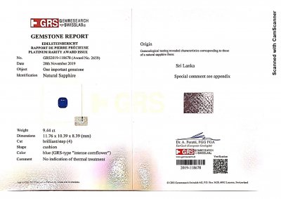 Certificate Unbeheizter Saphir 9,44 Karat, Sri Lanka, GRS