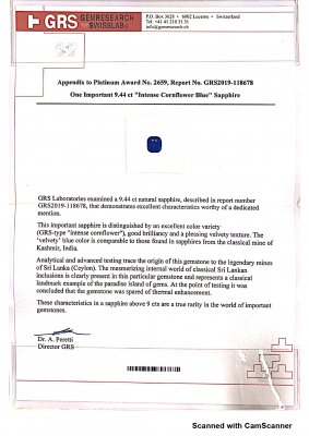 Certificate Unbeheizter Saphir 9,44 Karat, Sri Lanka, GRS
