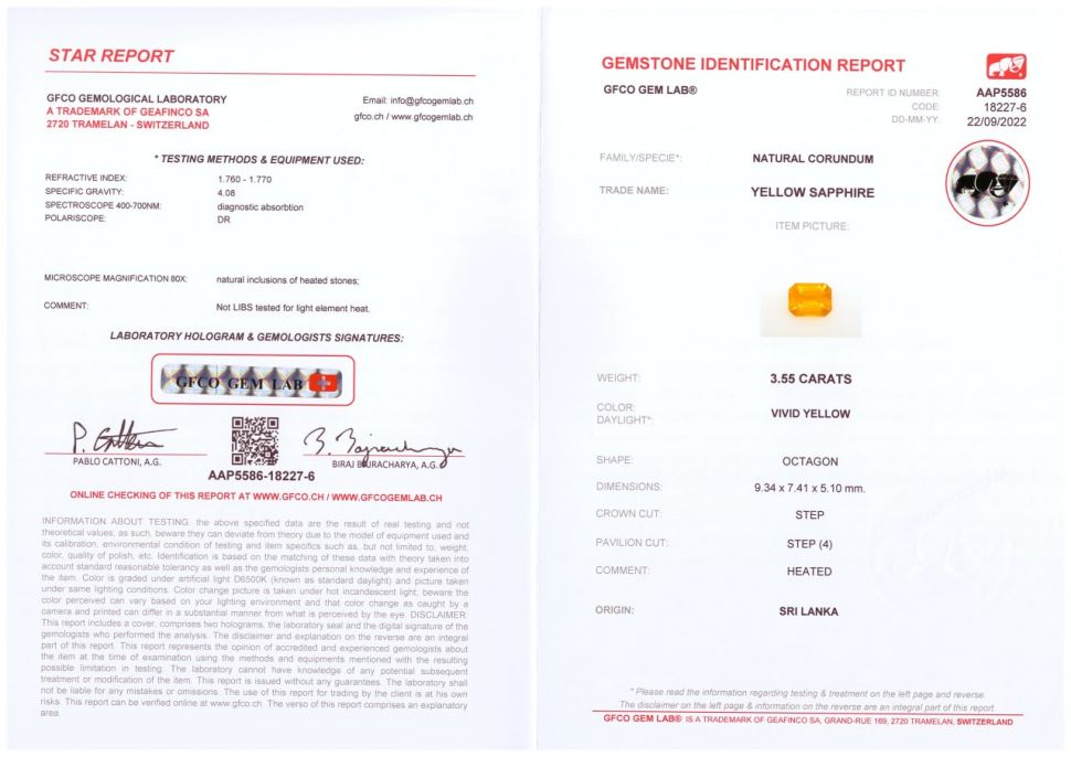 Certificate Intense yellow octagon-cut sapphire 3.55 ct, Sri Lanka