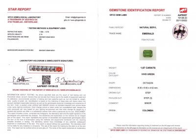 Certificate Colombian Vivid Green emerald 1.67 ct