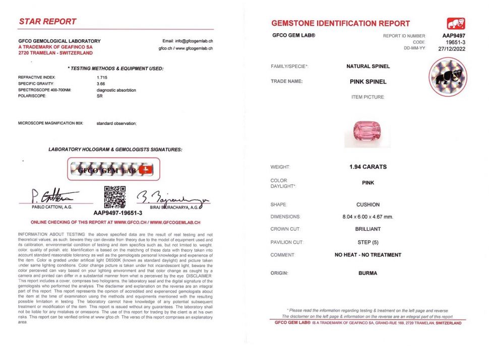 Certificate Burmese hot pink spinel 1,94 carats