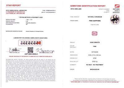 Certificate Pink unheated sapphire 0.85 ct, Madagascar