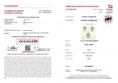 Certificate Set of pear cut Paraiba tourmalines 3.13 ct, Mozambique