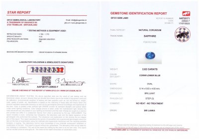 Certificate Saphir Bleu Bleuet Intense taille ovale 2,62 ct, Sri Lanka