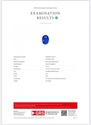 Certificate Saphir bleu royal taille ovale non chauffé 9,01 carats, Sri Lanka