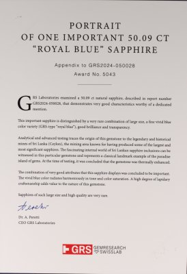 Certificate Königsblauer Investment-Saphir im Ovalschliff, 50,09 ct, Sri Lanka 