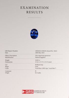 Certificate Königsblauer Investment-Saphir im Ovalschliff, 50,09 ct, Sri Lanka 