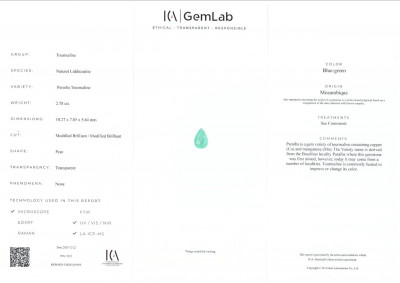 Certificate Tourmaline Néon Paraiba taille poire 2,78 carats, Mozambique