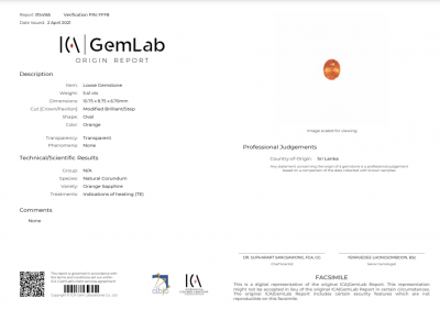 Certificate Bright orange sapphire 5.41 ct, Sri Lanka