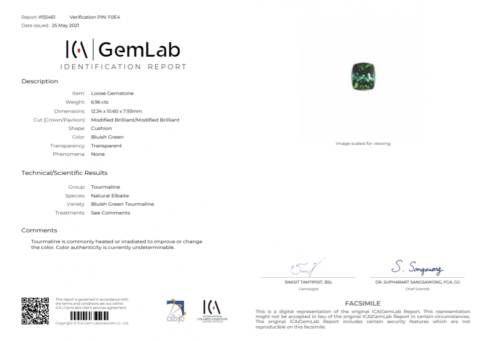Certificate Dark green tourmaline 6.96 ct, Afghanistan, ICA