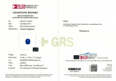 Certificate Unheated sapphire 10.54 ct, Madagascar, GRS