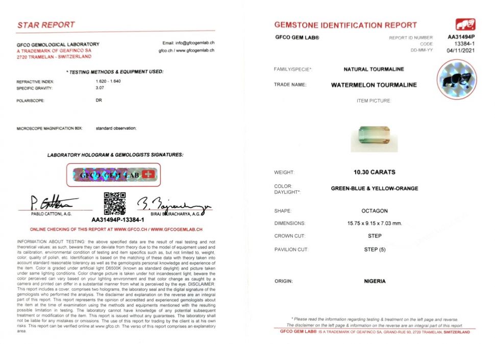 Certificate Octagon-cut polychrome tourmaline 10.30 ct