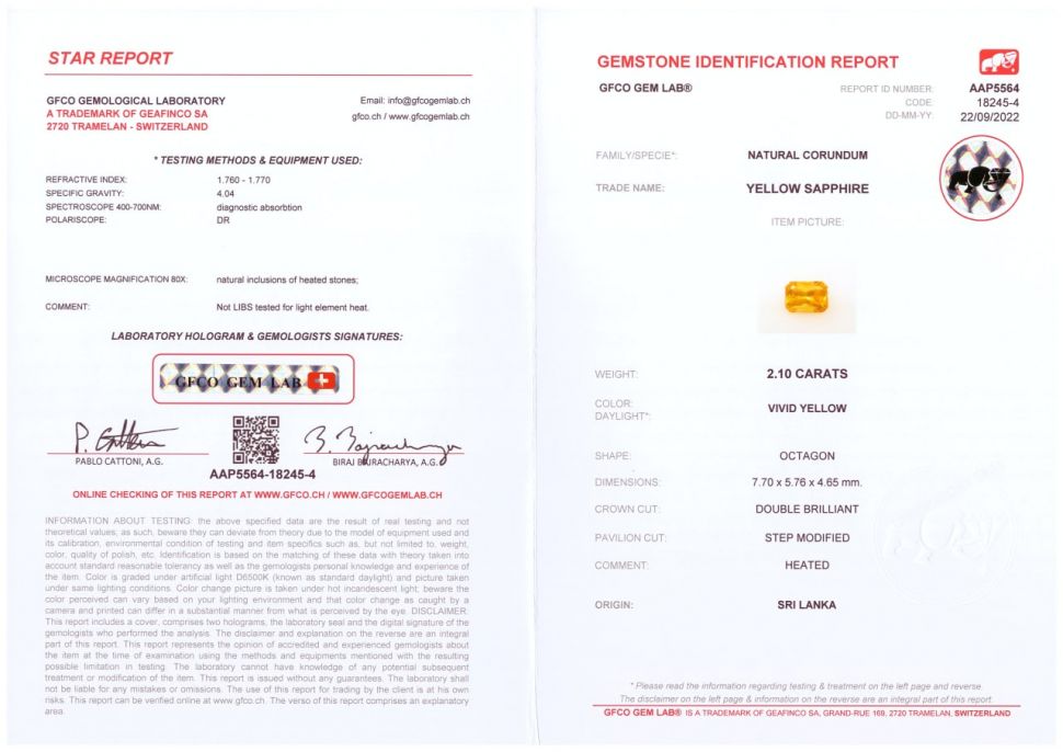 Certificate Bright yellow radiant-cut sapphire 2.10 ct, Sri Lanka