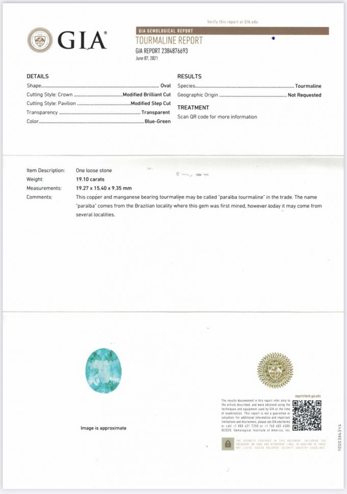 Certificate Neon blue tourmaline Paraiba 19.10 ct