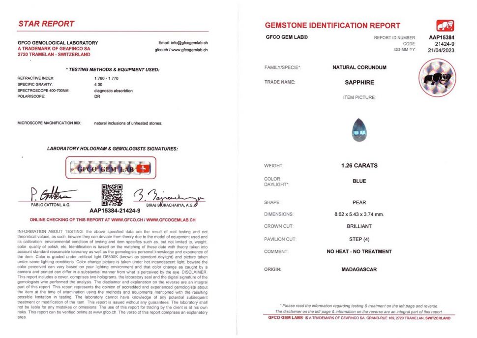 Certificate Unheated teal pear cut sapphire 1.26 ct, Madagascar