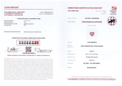 Certificate Untreated Padparadscha sapphire in heart shape 1.20 ct, Madagascar