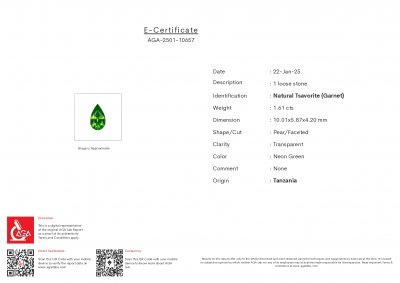 Certificate Grenat Tsavorite Vert Intense taille poire 1,61 carats, Tanzanie 