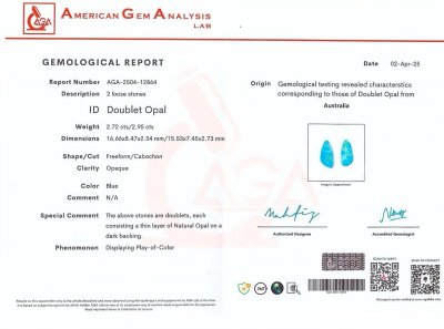 Certificate Pair of opals doublet cabochon cut 5.67carats, Australia