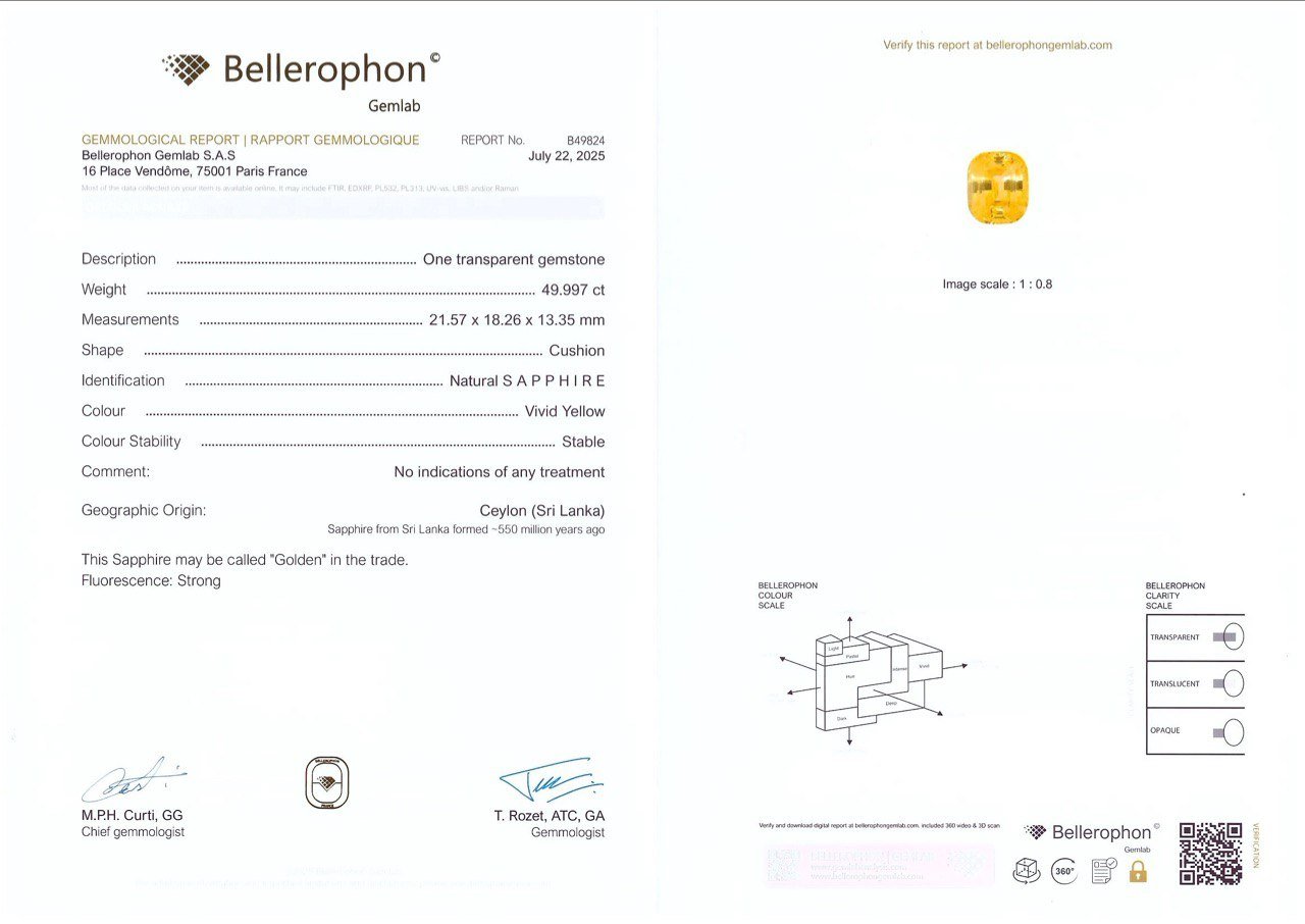 Zafiro amarillo dorado único sin calentar en talla cojín de 49,90 quilates, Sri Lanka Image №5