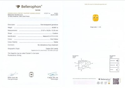 Certificate Zafiro amarillo dorado único sin calentar en talla cojín de 49,90 quilates, Sri Lanka