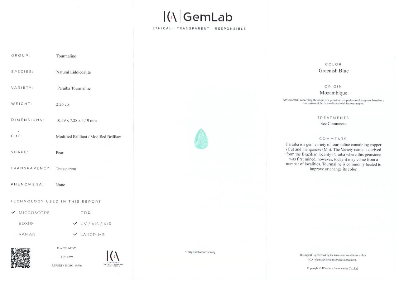Neongrünlich-blauer Paraiba-turmalin birnenförmig 2,26 karat, Mosambik Image №6