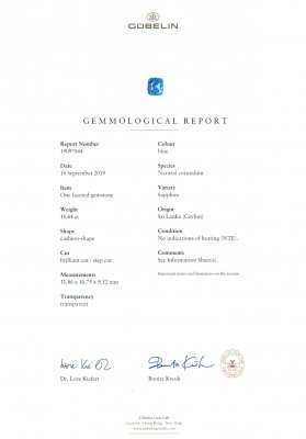 Certificate Zafiro de Ceilán sin calentar, 11,64 quilates (Gubelin, GRS)