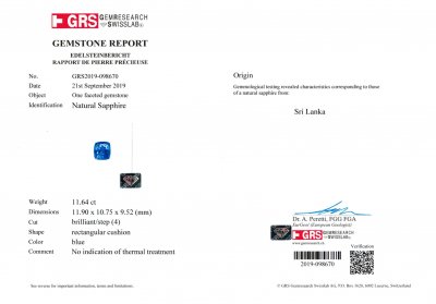 Certificate Zafiro de Ceilán sin calentar, 11,64 quilates (Gubelin, GRS)