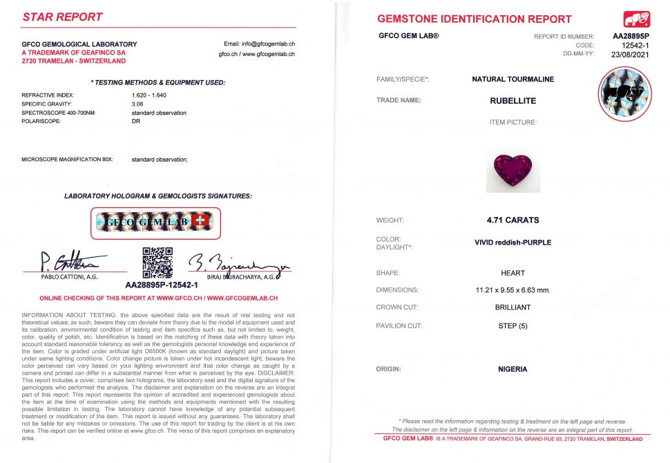 Certificate Heart cut rubellite from Nigeria 4.71 ct, GFCO