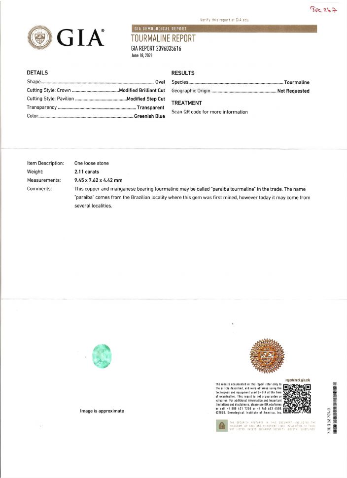 Certificate Neon blue Paraiba tourmaline, 2.11 ct oval cut, GIA