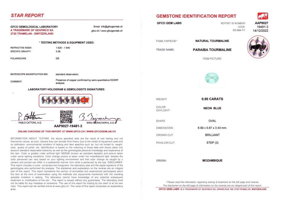 Certificate Tourmaline Paraiba 0.90 ct oval cut