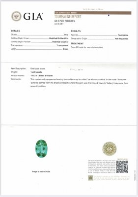 Certificate Neon green Paraiba oval cut 16.28 ct