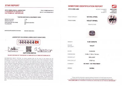 Certificate Purple spinel from Burma 9.38 ct
