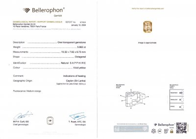 Certificate Saphir jaune taille radiant 5,06 carats, Sri Lanka