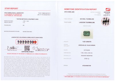 Certificate Tourmaline indigolite bleu-vert, taille octogonale, 1,82 carats