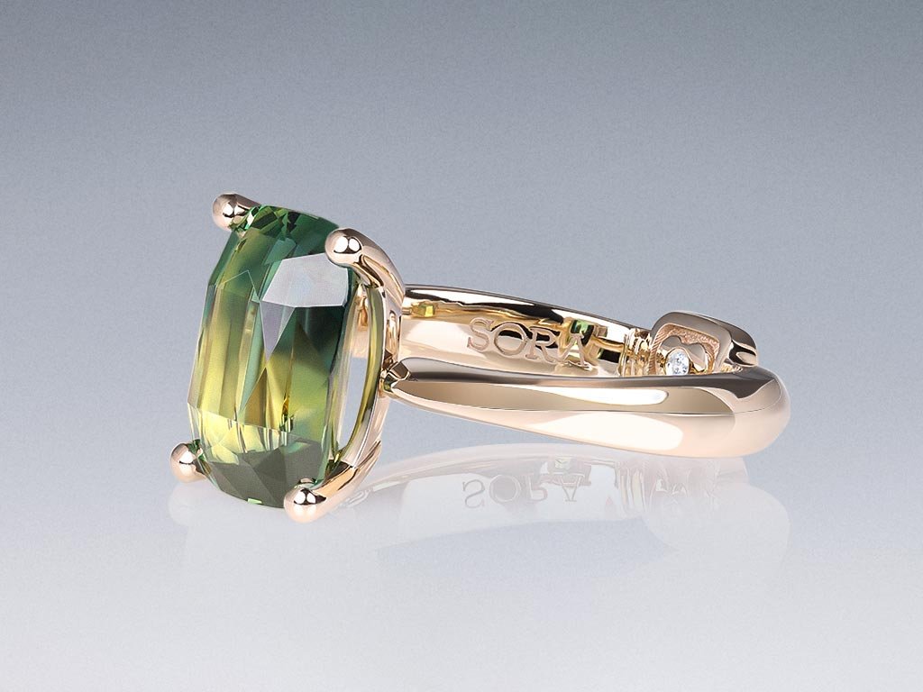  Ring mit einem einzigartigen polychromen Saphir im Kissenschliff von 6,20 Karat in der Farbe Champagner aus 18 Karat Gold Image №3