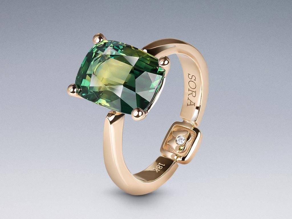  Ring mit einem einzigartigen polychromen Saphir im Kissenschliff von 6,20 Karat in der Farbe Champagner aus 18 Karat Gold Image №4