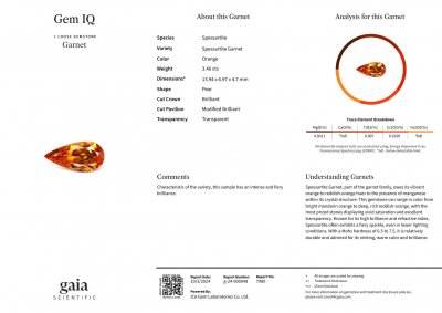 Certificate Fanta color spessartine garnet in pear cut 3.46 carats