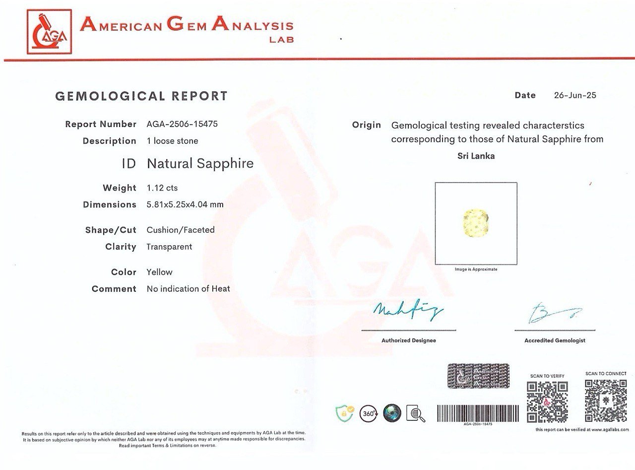 Zafiro amarillo pastel de talla cojín sin calentar de 1,12 ct, Sri Lanka Image №6